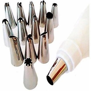SNR 12 Piece Cake Decorating Set Frosting Icing Piping Bag Tips with Steel Nozzles. Reusable Washable
