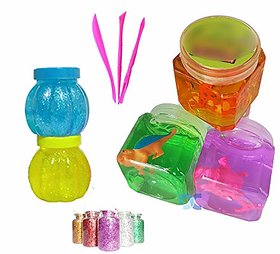 FC Combo of 2 Slime Pot and 3 Toy Slime with Free Glitter and Clay Modelling Tools for Kids Boys and Girls