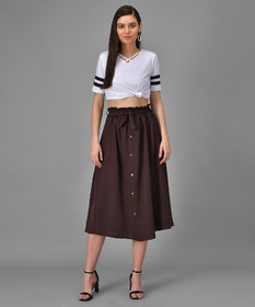 Elizy Women White Plain Black Stripe Cross Neck Top And Brown Skirts Combo