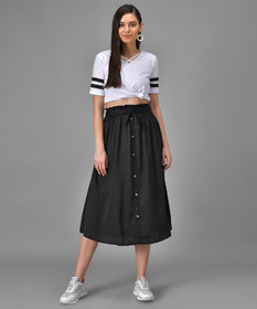 Elizy Women White Plain Black Stripe Cross Neck Top And Black Skirts Combo