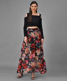 Elizy Women Black Off Shoulder Top Floral Printed Skirts
