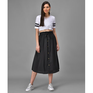                       Elizy Women White Plain Black Stripe Cross Neck Top And Black Skirts Combo                                              
