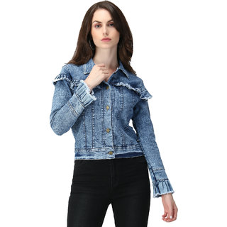 BuyNewTrend Denim Blue Puff Sleeve Denim Jacket For Women