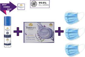 Best combo Sale Yardley London Hand Sanitizer Spray 140ml + Yardley Lavender Glycerine 100gSoap + 3 piece Surgical Mask