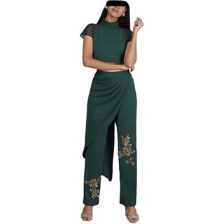Chitra fashion studio Desginer pant  crop top Dress (Dark Green)
