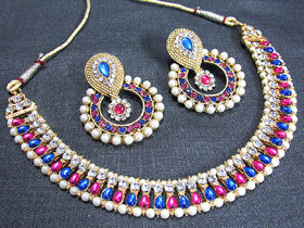 Pink and Blue Stone Pearl Polki Necklace Set