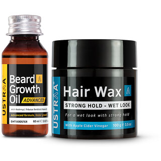 Ustraa Beard Growth Oil- Advanced 60 ml and Hair Wax Wet Look 100 g
