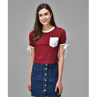                       Raabta Maroon With White Pocket Sleeves Knot T-Shirt                                              