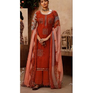                       Women Ethnic Red Viscose Rayon Embroidered Un-Stitched Salwar Suit Set                                              