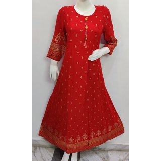                       Camellias Rayon Red Printed Flared Kurti's for Women                                              