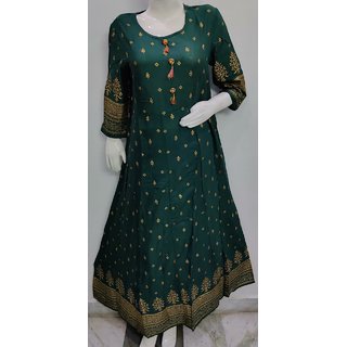                       Camellias Rayon Bottle Green Printed Flared Kurti's for Women                                              
