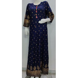                       Camellias Rayon Navy Blue Printed Flared Kurti's for Women                                              