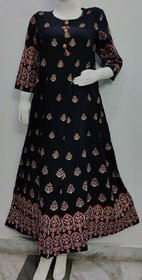 Camellias Rayon Black Flower Printed Flared Kurti's for Women