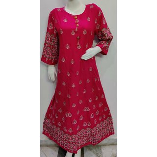                       Camellias Rayon Pink Flower Printed Flared Kurti's for Women                                              