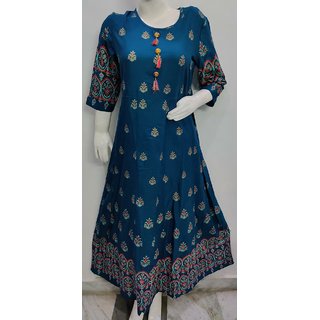                       Camellias Rayon Peacock Green Flower Printed Flared Kurti's for Women                                              