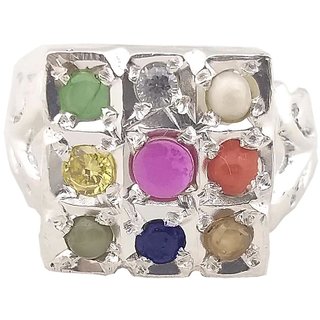 RS Jewellers 92.5 Sterling Silver 5.408 Gram Natural Certified Navratna Stone Nine Planets Adjustable Ring for Men and B