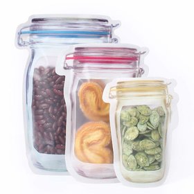 3 Pieces Plastic Transparent Jar Shape Food Graded Standup Pouch  (Small, Medium, Large)