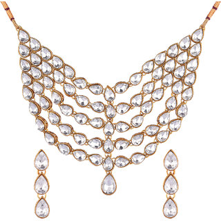                       Prizetaa Alloy Crystal White Choker Designer Gold Plated Traditional Necklaces Set                                              