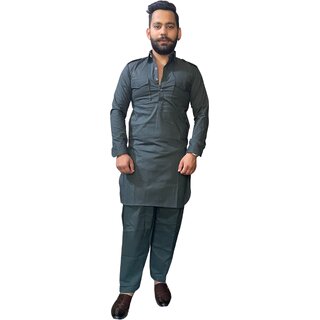                       Preen Olive Green 100  Cotton Double Pocket Pathani Suit/Kurta Pajama Set                                              