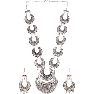                      Prizetaa Silver Afghani Half Moon Necklace Set                                              
