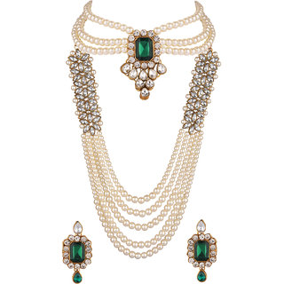                       Prizetaa Green And White Pearl Ethnic Gold Plated Necklace Set                                              