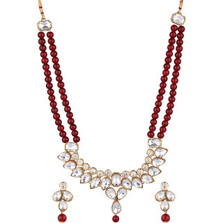                       Prizetaa Red Pearl Ethnic Gold Plated Long Necklace Set                                              