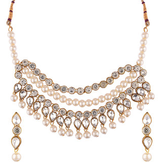                       Prizetaa White Pearl Ethnic Gold Plated Long Choker Necklace Set                                              