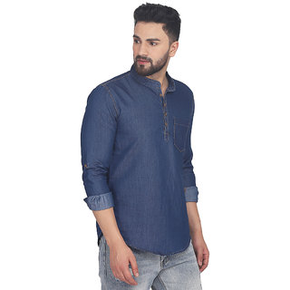 Buy SMART GRABB Dark Blue Chinese Collar Full Sleeves Solid Denim Shirt ...