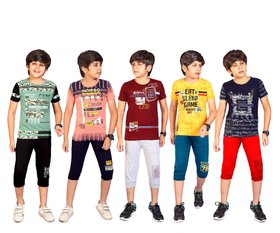 Kavin's 3/4th Pant with Half-Sleeve Tees for Kids, Pack of 5, Unisex, Multicolored - Brave