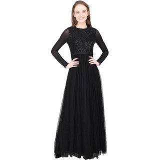                       Women's Hand crafted and embellished gown Long Sleeve Full-Stitched Black                                              