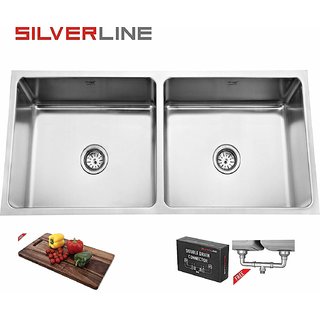 SILVERLINE Low Radius Double Bowl Stainless Steel 304 Grade Kitchen Sink (37 x 18 x 9 Equal Bowl)