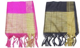 raj hosiery chanderi silk munga cotton golden border women fancy partywear dupatta  pink ,black pack of 2