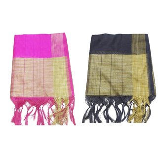 raj hosiery chanderi silk munga cotton golden border women fancy partywear dupatta  pink ,black pack of 2