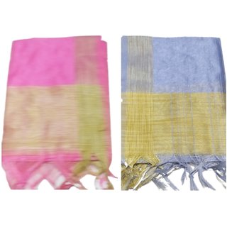 raj hosiery chanderi silk munga cotton golden border women fancy partywear dupatta  pink , gray pack of 2