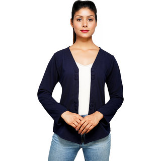                       Women Navy Blue Solid 3 Button Shrug                                              