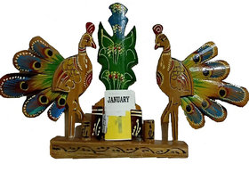 Beautiful Handcrafted Wooden Peacock Showpiece With Manual Calendar For Table, Home-Office Decor  Car Dashboard (6x11 I