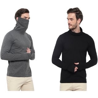 Glito Men's Casual Wear Slim Fit Full Sleeves High Neck Mask T-Shirts - Black & Grey For Men Pack Of 2