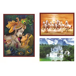                       Style UR Home - Radha Krishna + White 7 Running Horse + Waterfall - Vastu Wallposter - Wallpaper Combo of 3 (12 X 18)                                              