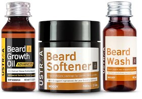 Ustraa Beard Growth oil Advanced - 60ml, Ustraa Beard Wash Woody - 60ml and Ustraa Beard Softener - 100g