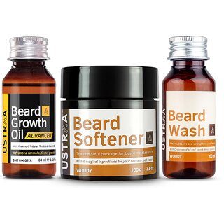 Ustraa Beard Growth oil Advanced - 60ml, Ustraa Beard Wash Woody - 60ml and Ustraa Beard Softener - 100g
