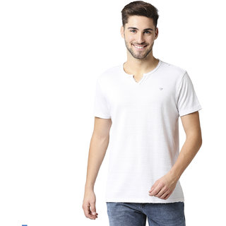                       RAGWAY Cotton Blend White Self Design T-Shirt                                              