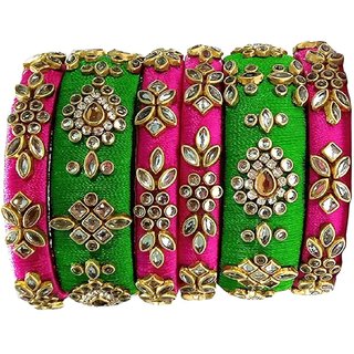                       Mayank Creations Silk Thread Bangles Pink and Green Set of 6                                              