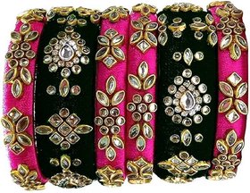 Mayank Creations Silk Thread Kundan Bangles Pink and Black Set of 6