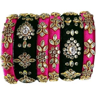                       Mayank Creations Silk Thread Kundan Bangles Pink and Black Set of 6                                              
