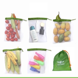 Eco Nation Multipurpose Mesh Bag Vegetable, Fruit Storage Drawstring Bag (Set of Five with Multipurpose Storage Pouch)(M