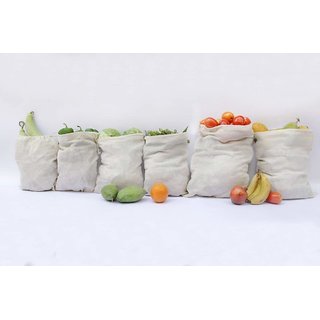                       Eco Nation Natural Cotton Multipurpose Fridge Bags for Fruits  Vegetables- Pack of 6                                              