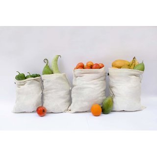 Eco Nation Natural Cotton Multipurpose Fridge Bags for Fruits  Vegetables- Pack of 4 COLOUR- CREAM