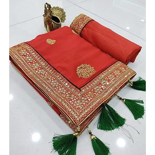 Buy Unique Touch red party wear saree with broad boarder embroidery and sitara work and red designer blouse Online 1899 from ShopClues