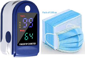 Wide Display with 4 LED Finger Tip Oximeter with battery and 100 Nose Pin Surgical Mask Value Combo (Pack of 2)