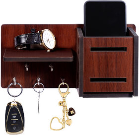 Vivekhomesaaz Mobile Box Wood Key Holder (5 Hooks, Brown)